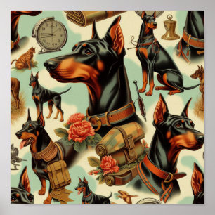 ヴィンテージDobermanシームレ絵画ス ポスター