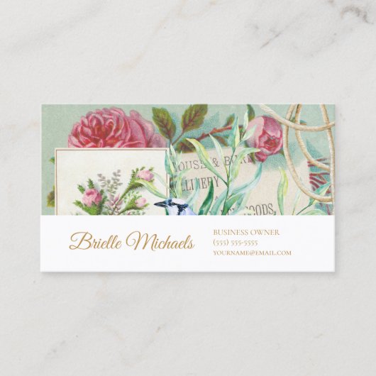 ヴィンテージEphemeraピンクローズと金ゴールドスクリプト 名刺 (正面)