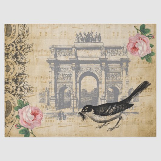 ヴィンテージEphemeraフローラスクリプトバードデクページバラ 薄葉紙 (正面)