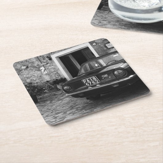 ヴィンテージFIAT車（イタリア）モノクロ スクエアペーパーコースター (アングル)