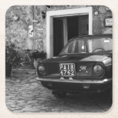 ヴィンテージFIAT車（イタリア）モノクロ スクエアペーパーコースター (正面)