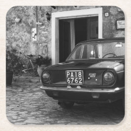 ヴィンテージFIAT車（イタリア）モノクロ スクエアペーパーコースター
