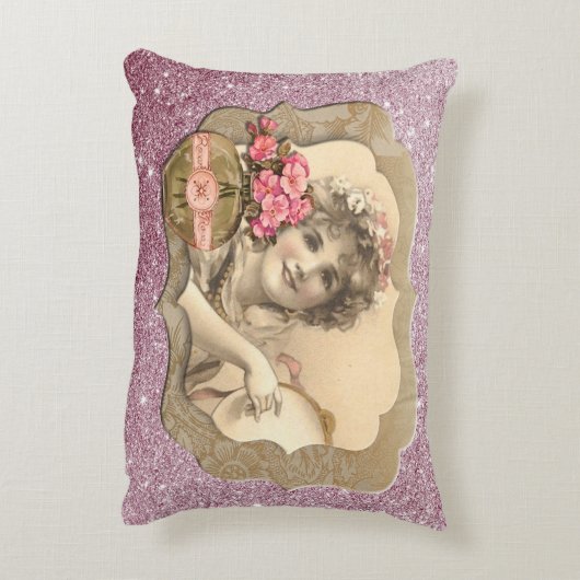 ヴィンテージGirl2フレームピンクのスパークリーなアクセント枕 アクセントクッション (裏面(縦))
