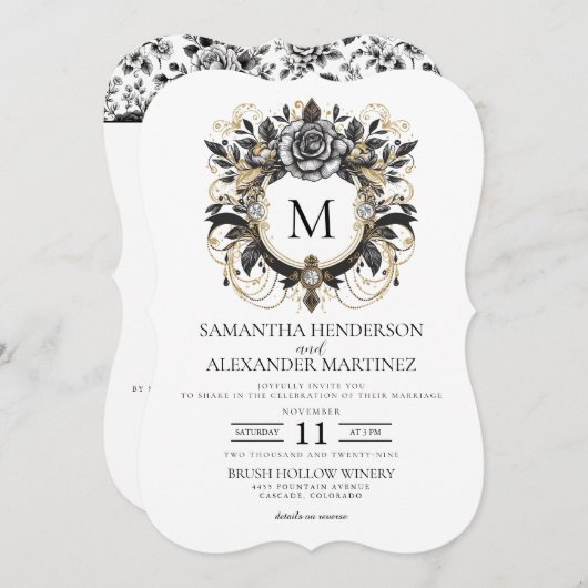 ヴィンテージGlamフローラQRコードと詳細結婚 招待状 (正面/裏面)