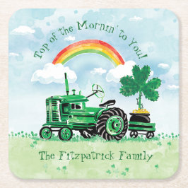ヴィンテージGreen Tractor Shamrock Add Family Name スクエアペーパーコースター