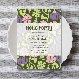 ヴィンテージGroovyフラワーハロー40th誕生日 招待状