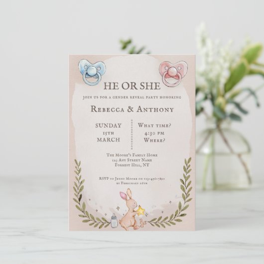 ヴィンテージHeまたはShe植物水色、おしゃれ 招待状 (スタンド正面)