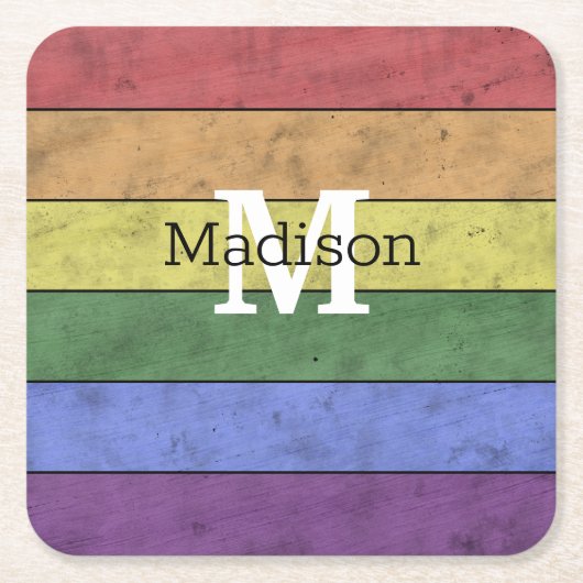 ヴィンテージLGBT国旗のプライド悩むレインボーモノグラム スクエアペーパーコースター (正面)
