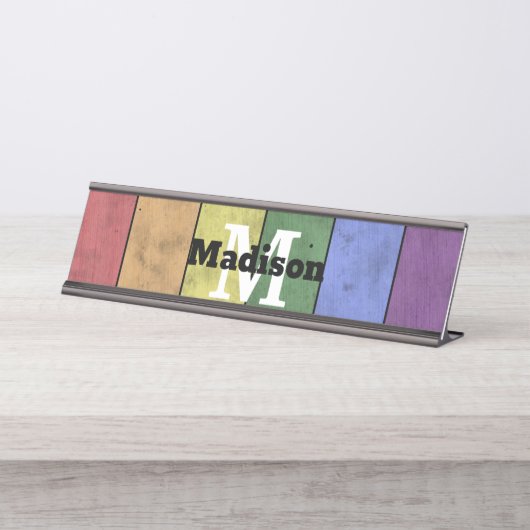 ヴィンテージLGBT国旗のプライド悩むレインボーモノグラム デスクネームプレート (正面)