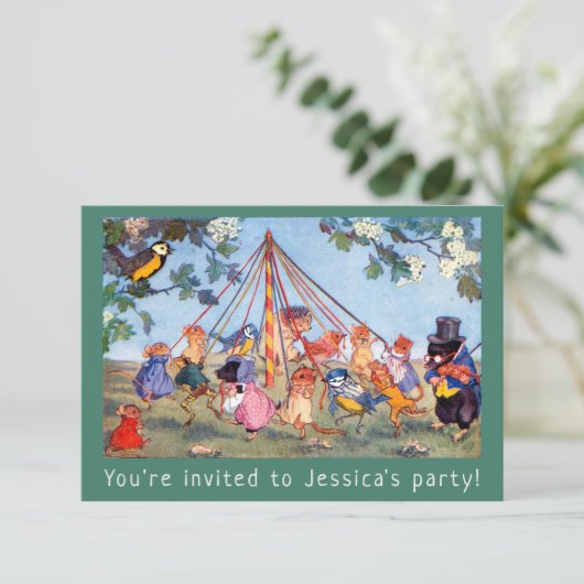 ヴィンテージmaypole動物の子供のパーティの招待状 招待状 (スタンド正面)