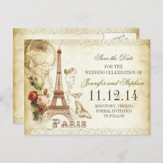ヴィンテージPARIS日付はがきを保存 案内ポストカード (正面/裏面)