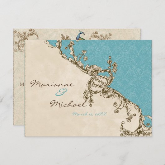 ヴィンテージPeacock & Etchings RSVP応答はがき インビテーションポストカード (正面/裏面)