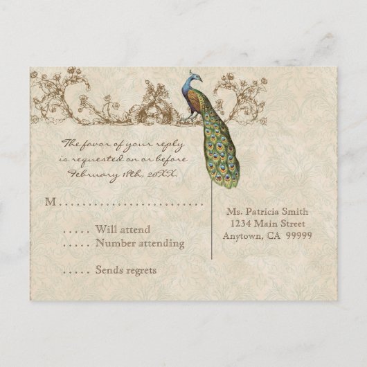 ヴィンテージPeacock & Etchings RSVP応答はがき インビテーションポストカード (裏面)