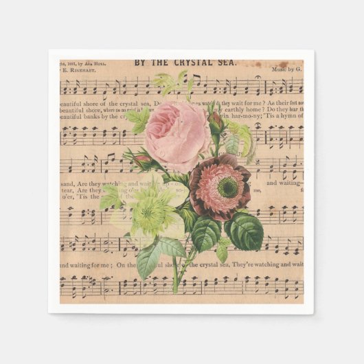 ヴィンテージPeonies & Sheet Music スタンダードカクテルナプキン (正面)