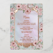 ヴィンテージPeriwinkle Peony結婚のフォイルメニューカード 箔招待状 (正面)