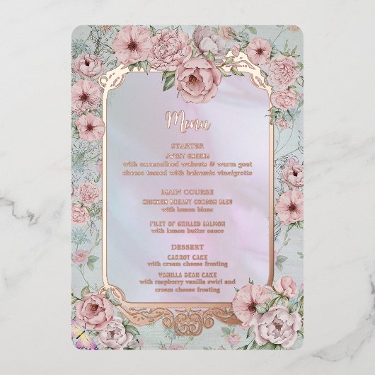 ヴィンテージPeriwinkle Peony結婚のフォイルメニューカード 箔招待状 (正面)