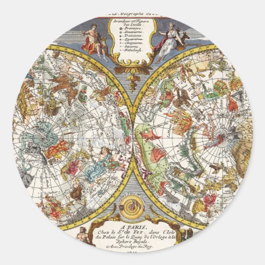 ヴィンテージPlanisphere Star Map by Nicholas de Fer ラウンドシール (正面)