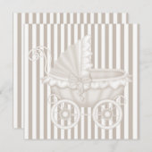 ヴィンテージPRAMベビーシャワー招待状セピアストライプズ 招待状 (正面/裏面)