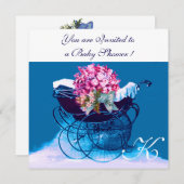 ヴィンテージPRAM花ブルー男の赤ちゃんシャワーモノグラム 招待状 (正面/裏面)