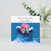 ヴィンテージPRAM花ブルー男の赤ちゃんシャワーモノグラム 招待状 (スタンド正面)