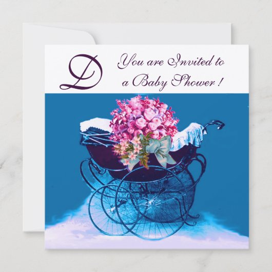 ヴィンテージPRAM花青ベビーシャワーモノグラム 招待状 (正面)