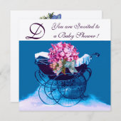 ヴィンテージPRAM花青ベビーシャワーモノグラム 招待状 (正面/裏面)