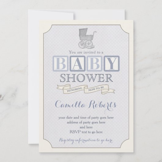 ヴィンテージpram赤ちゃんシャワーまたは振りかける招待状、男の子 招待状 (正面)