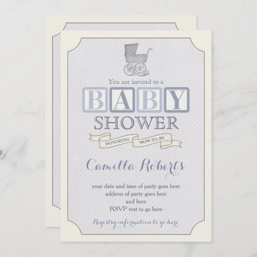 ヴィンテージpram赤ちゃんシャワーまたは振りかける招待状、男の子 招待状 (正面/裏面)