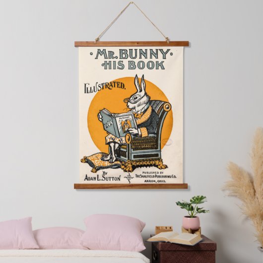 ヴィンテージRabbit Bunny with Book -先生、学生 吊り下げ型タペストリー (寝室)