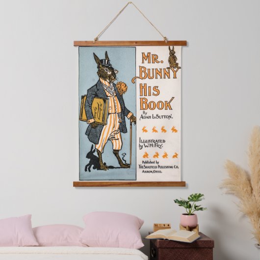 ヴィンテージRabbit Bunny with Book -先生、学生 吊り下げ型タペストリー (寝室)