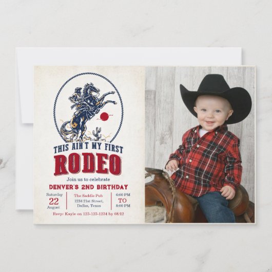 ヴィンテージRed Cowboy Rodeo 2nd Birthday Photo 招待状 (正面)
