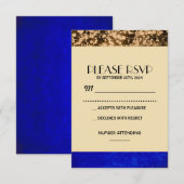 ヴィンテージRSVP -ひもつきます-青および金ゴールド 出欠カード (正面/裏面)