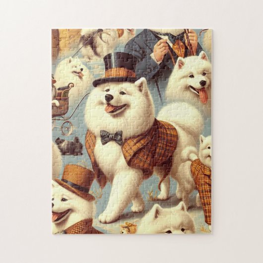 ヴィンテージSamoyed Dogシームレ絵を描ス ジグソーパズル (縦)