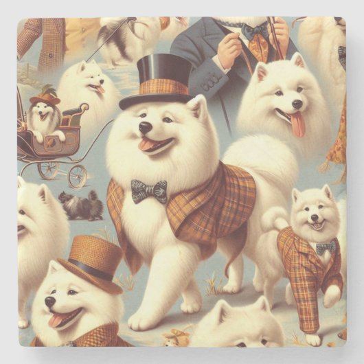 ヴィンテージSamoyed Dogシームレ絵を描ス ストーンコースター (正面)