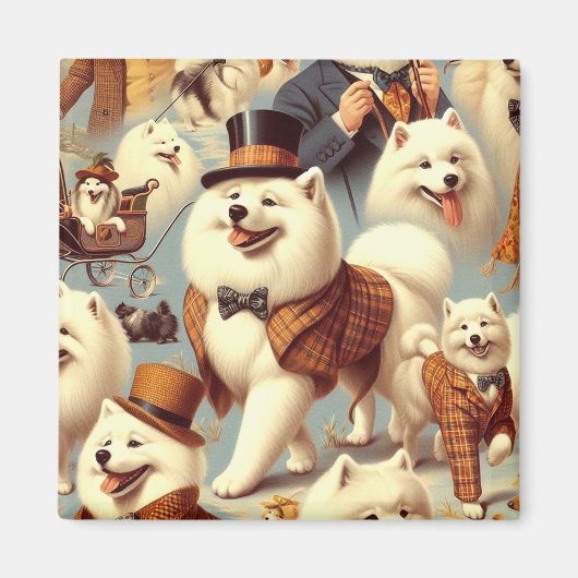 ヴィンテージSamoyed Dogシームレ絵を描ス マグネット (正面)