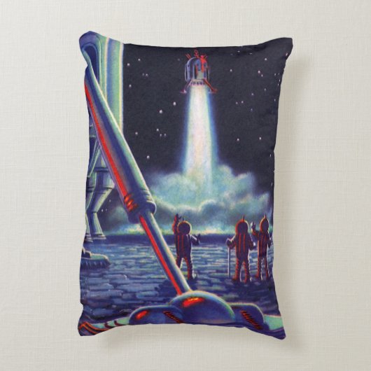 ヴィンテージSFエイリアンがロケットに波打つ アクセントクッション (裏面(縦))