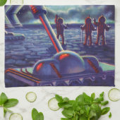 ヴィンテージSFエイリアンがロケットに波打つ キッチンタオル (折り畳み)