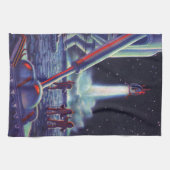 ヴィンテージSFエイリアンがロケットに波打つ キッチンタオル (横)