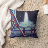ヴィンテージSFエイリアンがロケットに波打つ クッション (ブランケット)