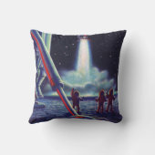 ヴィンテージSFエイリアンがロケットに波打つ クッション (裏面)