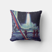 ヴィンテージSFエイリアンがロケットに波打つ クッション (正面)