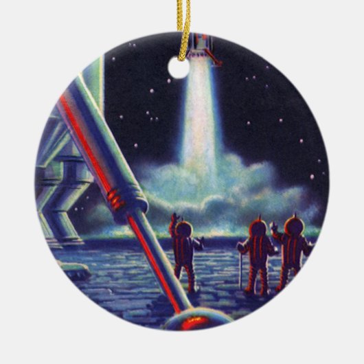 ヴィンテージSFエイリアンがロケットに波打つ セラミックオーナメント (正面)