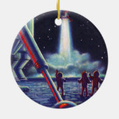 ヴィンテージSFエイリアンがロケットに波打つ セラミックオーナメント (裏面)