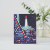 ヴィンテージSFエイリアンがロケットに波打つ ポストカード (スタンド正面)