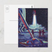 ヴィンテージSFエイリアンがロケットに波打つ ポストカード (正面/裏面)
