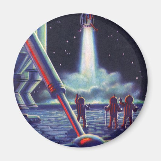 ヴィンテージSFエイリアンがロケットに波打つ マグネット (正面)