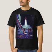 ヴィンテージSFエイリアンがロケットに波打つ Tシャツ (正面)