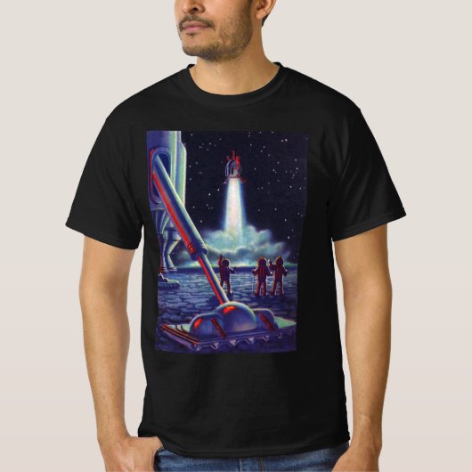 ヴィンテージSFエイリアンがロケットに波打つ Tシャツ (正面)
