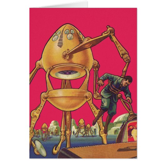 ヴィンテージSFエイリアンロボットが人間を捉える (正面)