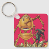 ヴィンテージSFエイリアンロボットが人間を捉える キーホルダー (正面)